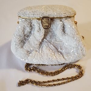 Antique 1920s White Beaded Evening Purse‎ | Gold Chain Frame